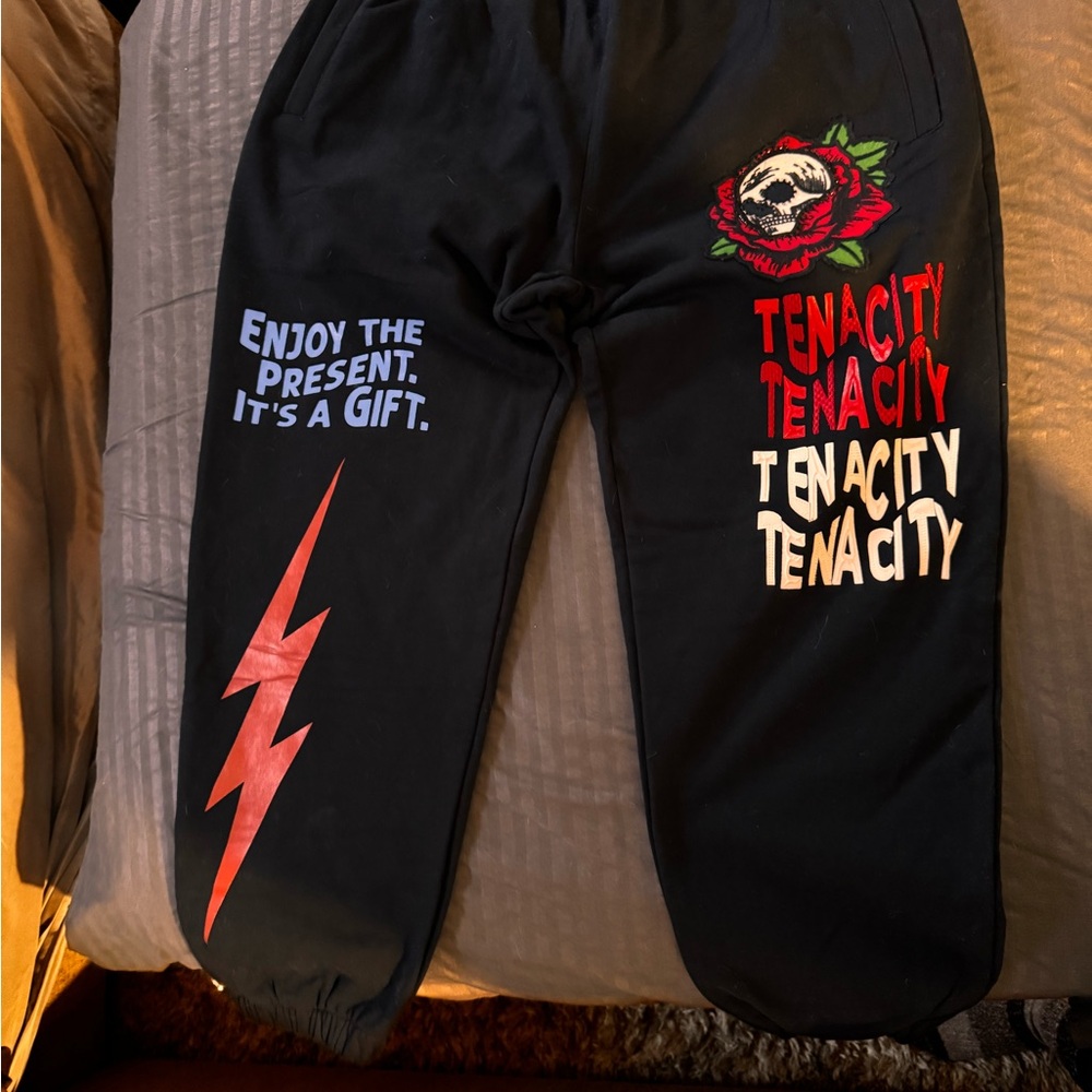 Black Joggers with Red and White Graphics